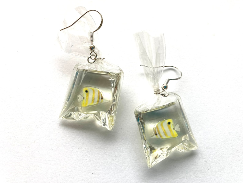 Fish In A Bag Dangle Earrings, Fish Earrings, Ocean Earrings, Tropical Earrings, Hypoallergenic, Quirky Earrings, Unique Earrings Yellow/White Fish