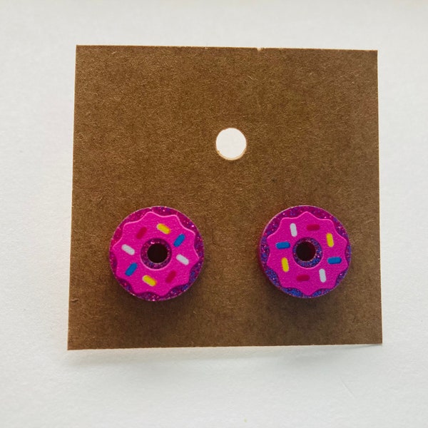 Donut Stud Earrings, Pink Glitter Acrylic Donut Earrings, Food Stud Earrings, Fun Earrings, Hypoallergenic, Cute Kid Earrings, Gift For Her