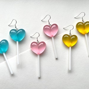 Large Heart Lollipop Sucker Dangle Earrings, Valentines Day Earrings, Blue Heart Earrings, Pink Heart Earrings, Candy Earrings, Fun Earrings