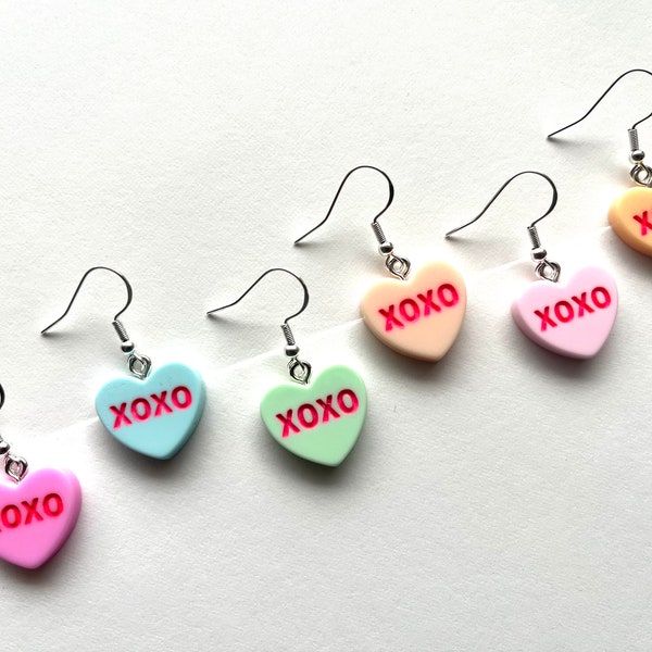 Valentines XOXO Hugs & Kisses Conversation Candy Heart Earrings, Valentines Day Dangle Earrings, Candy Heart Earrings, Valentines Gift