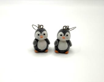 Penguin Flocked Dangle Earrings, Winter Earrings, Penguin Jewelry, Animal Earrings, Hypoallergenic, Fuzzy Penguin Earrings