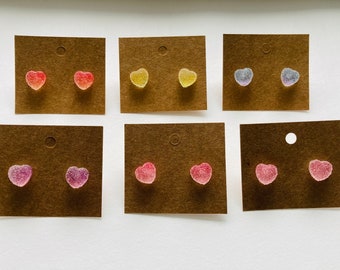 Mini Heart Candy Resin Stud Earrings, Candy Heart Earrings, Hypoallergenic Plastic Post Studs, Kawaii Stud Earrings, Colorful Studs