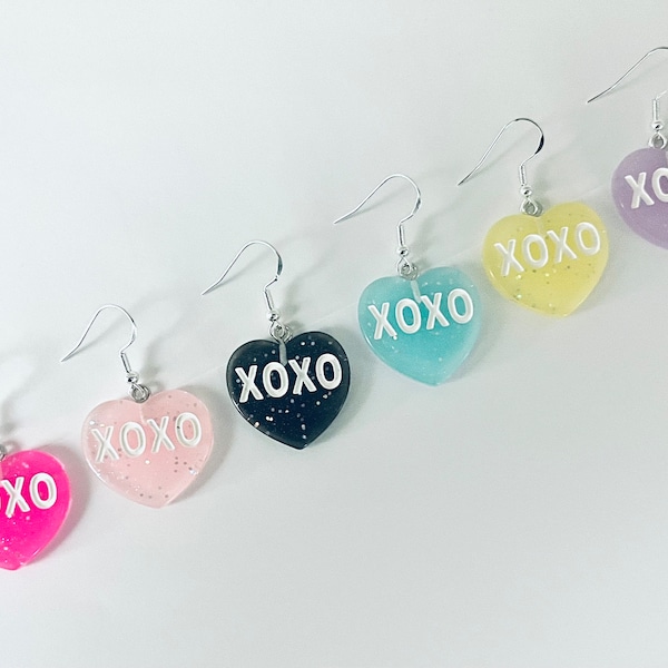 Valentines XOXO Hugs & Kisses Large Conversation Candy Heart Earrings, Valentines Day Dangle Earrings, Candy Heart Earrings, Valentines Gift