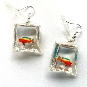 Fish In A Bag Dangle Earrings, Fish Earrings, Ocean Earrings, Tropical Earrings, Hypoallergenic, Quirky Earrings, Unique Earrings Orange Fish