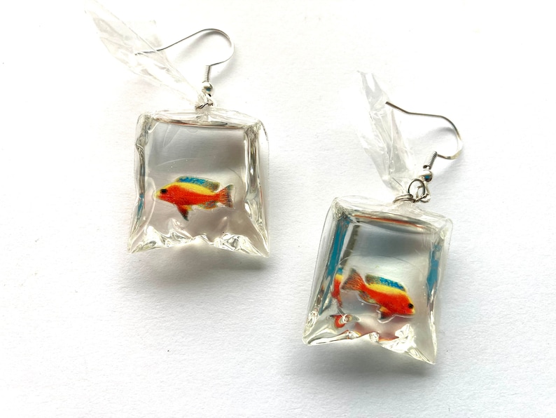 Fish In A Bag Dangle Earrings, Fish Earrings, Ocean Earrings, Tropical Earrings, Hypoallergenic, Quirky Earrings, Unique Earrings Orange Fish