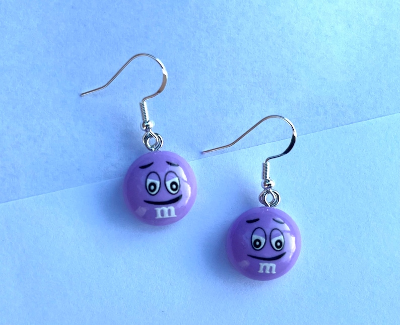 M&M Candy Inspired Resin Dangle Earrings, Fun Earrings, Candy Earrings, Hypoallergenic, Trendy Earrings, Cute Earrings, Gift For Teen Purple