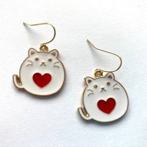 Cute Fat Cat Dangle Earrings, Cat Earrings, Animal Earrings, Hypoallergenic, Gift For Her, Cat Charm, Cat Earrings, White Cat Earrings
