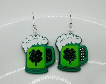 St. Patrick's Day Shamrock Beer Dangle Earrings, Irish Acrylic Jewelry