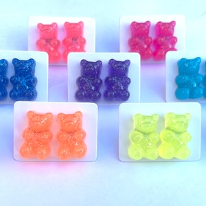 Gummy Bear Inspired Earrings, Gummy Bear Stainless Steel Stud Earrings, Fun Earrings, Trendy Earrings, Glitter Resin Gummy Bear Studs