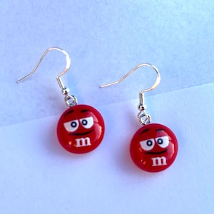M&M Candy Inspired Resin Dangle Earrings, Fun Earrings, Candy Earrings, Hypoallergenic, Trendy Earrings, Cute Earrings, Gift For Teen Red