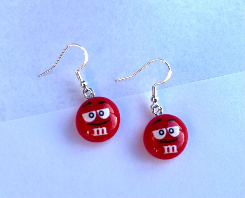 M&M Candy Inspired Resin Dangle Earrings, Fun Earrings, Candy Earrings, Hypoallergenic, Trendy Earrings, Cute Earrings, Gift For Teen Red
