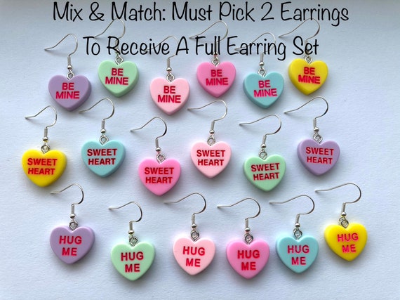 Valentines Conversation Heart Earrings, Valentines Day Dangle Earrings, Mismatched Heart Earrings, Hypoallergenic, Conversation Earrings