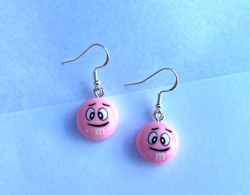 M&M Candy Inspired Resin Dangle Earrings, Fun Earrings, Candy Earrings, Hypoallergenic, Trendy Earrings, Cute Earrings, Gift For Teen Pink