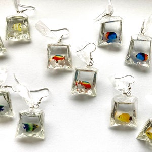 Fish In A Bag Dangle Earrings, Fish Earrings, Ocean Earrings, Tropical Earrings, Hypoallergenic, Quirky Earrings, Unique Earrings image 1