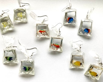 Fish In A Bag Dangle Earrings, Fish Earrings, Ocean Earrings, Tropical Earrings, Hypoallergenic, Quirky Earrings, Unique Earrings