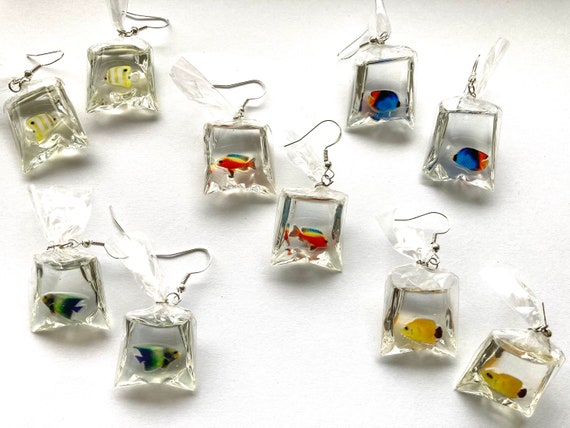 Fish In A Bag Dangle Earrings, Fish Earrings, Ocean Earrings, Tropical Earrings, Hypoallergenic, Quirky Earrings, Unique Earrings