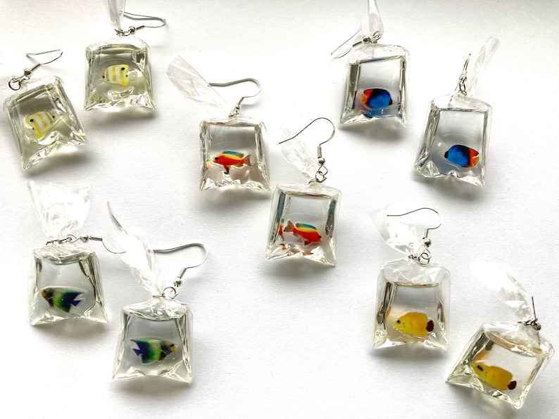 Fish In A Bag Dangle Earrings, Fish Earrings, Ocean Earrings, Tropical Earrings, Hypoallergenic, Quirky Earrings, Unique Earrings image 1