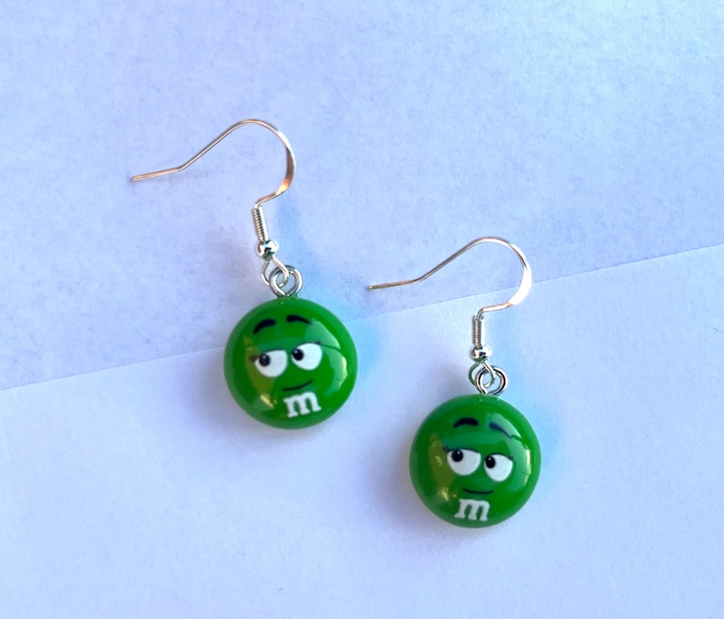 M&M Candy Inspired Resin Dangle Earrings, Fun Earrings, Candy Earrings, Hypoallergenic, Trendy Earrings, Cute Earrings, Gift For Teen Green