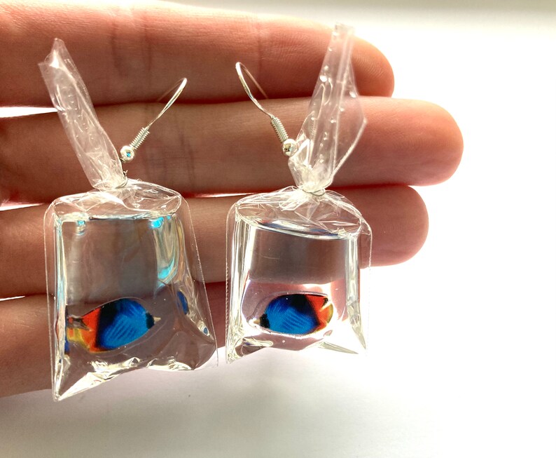 Fish In A Bag Dangle Earrings, Fish Earrings, Ocean Earrings, Tropical Earrings, Hypoallergenic, Quirky Earrings, Unique Earrings image 8