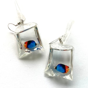 Fish In A Bag Dangle Earrings, Fish Earrings, Ocean Earrings, Tropical Earrings, Hypoallergenic, Quirky Earrings, Unique Earrings Blue/Orange Fish