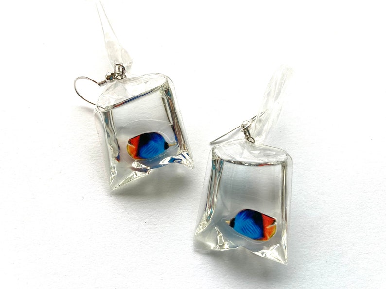Fish In A Bag Dangle Earrings, Fish Earrings, Ocean Earrings, Tropical Earrings, Hypoallergenic, Quirky Earrings, Unique Earrings Blue/Orange Fish