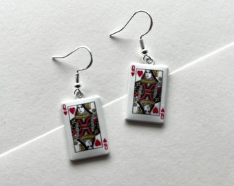 Queen of Hearts Dangle Earrings, Playing Card Earrings, Poker Earrings, Game Earrings, Casino Earrings