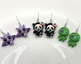 Spooky Cute Halloween Earrings, Purple Bat, Ghost Scary Face, Green Zombie Doll, Halloween Jewelry, Hypoallergenic Dangle Earrings