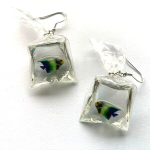 Fish In A Bag Dangle Earrings, Fish Earrings, Ocean Earrings, Tropical Earrings, Hypoallergenic, Quirky Earrings, Unique Earrings Blue/Green Fish