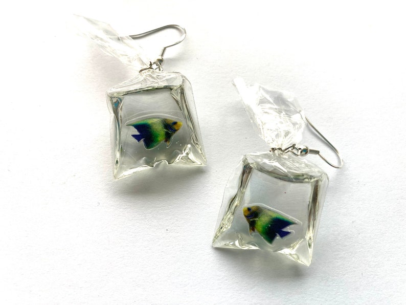 Fish In A Bag Dangle Earrings, Fish Earrings, Ocean Earrings, Tropical Earrings, Hypoallergenic, Quirky Earrings, Unique Earrings Blue/Green Fish