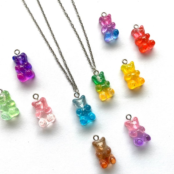 Gummy Bear Charm Necklace, Silver Necklace, Gummy Bear Charm, Glitter Gummy Bear, Hypoallergenic, 18” Stainless Steel Necklace, Nickel Free