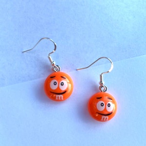 M&M Candy Inspired Resin Dangle Earrings, Fun Earrings, Candy Earrings, Hypoallergenic, Trendy Earrings, Cute Earrings, Gift For Teen Orange