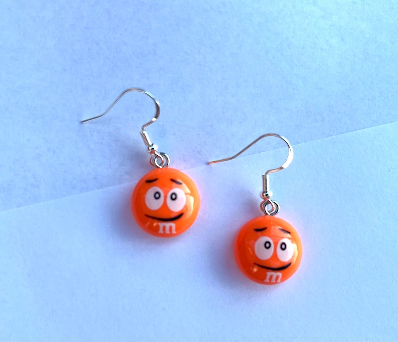 M&M Candy Inspired Resin Dangle Earrings, Fun Earrings, Candy Earrings, Hypoallergenic, Trendy Earrings, Cute Earrings, Gift For Teen Orange