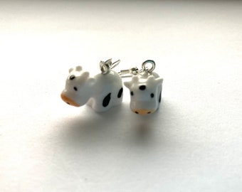 3D Cow Dangle Earrings, Hypoallergenic Stainless Steel, Farm Animal Charm