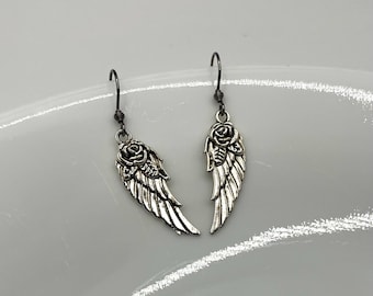 Antique Silver Angel Wing Dangle Earrings, Angel Wing Earrings, Wing Charm Earrings, Angel Charm Jewelry, Hypoallergenic, Memorial Earrings