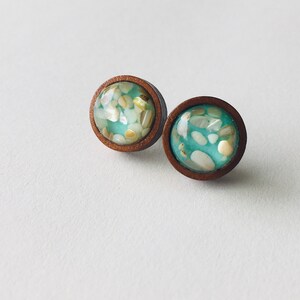 Seashell Stud Earrings, Beach Stud Earrings, Seashell Resin Stud Earrings, Wood Cabochon Setting, 12mm, Hypoallergenic Studs