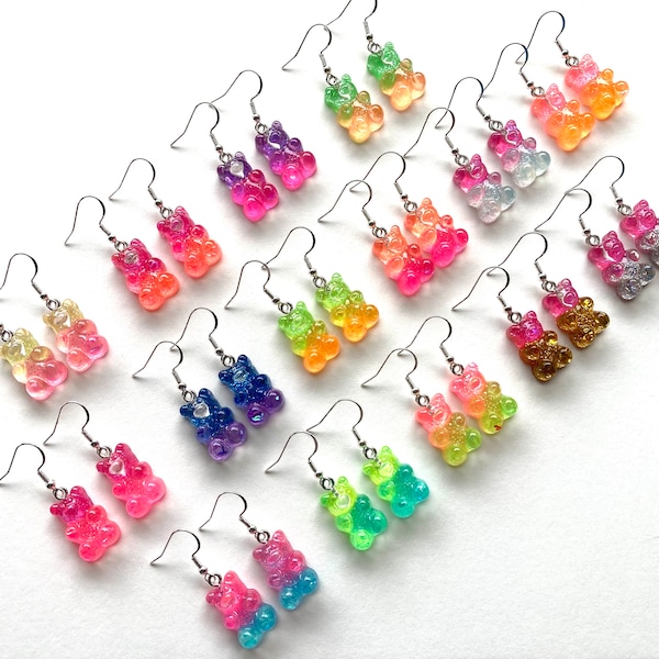 Gummy Bear Inspired Dangle Earrings, Gummy Bear Gradient Glitter Resin Dangle Earrings, Cute Earrings, Hypoallergenic, Candy Earrings