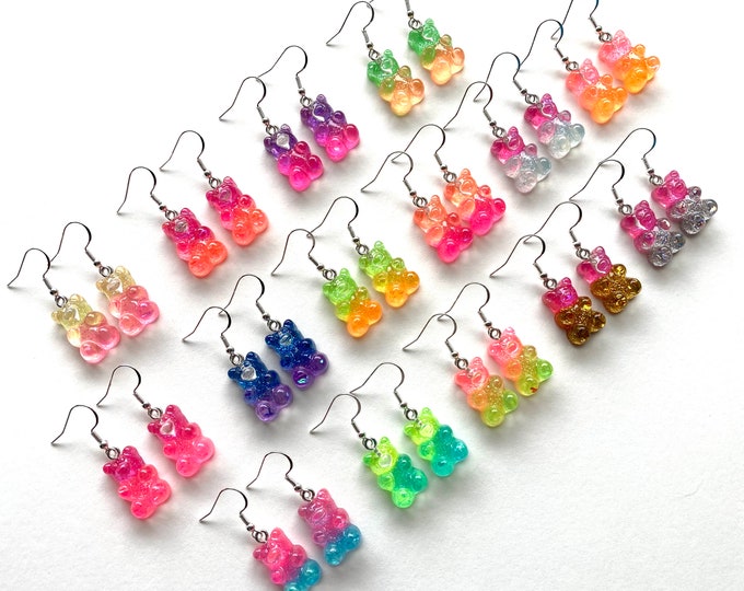 Gummy Bear Inspired Dangle Earrings, Gummy Bear Gradient Glitter Resin Dangle Earrings, Cute Earrings, Hypoallergenic, Candy Earrings