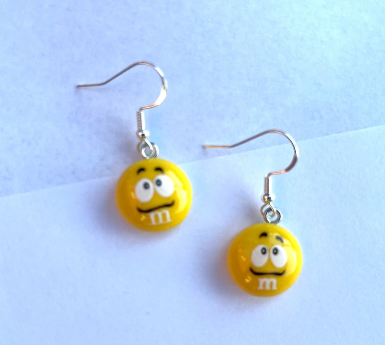 M&M Candy Inspired Resin Dangle Earrings, Fun Earrings, Candy Earrings, Hypoallergenic, Trendy Earrings, Cute Earrings, Gift For Teen Yellow