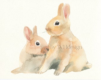 Grey Rabbit Bunny Hare Baby Original Watercolor Painting White Background Nursery Art Spring Easter Gift Wall Decor Children Room Artwork