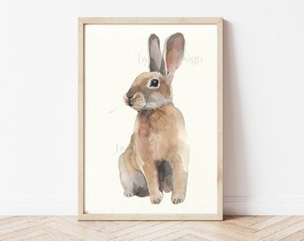 Grey Rabbit Bunny Hare Baby Original Watercolor Painting White Background Nursery Art Spring Easter Gift Wall Decor Children Room Artwork
