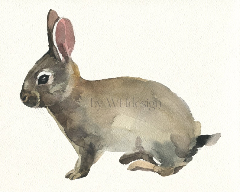 Grey Rabbit Bunny Hare Baby Original Watercolor Painting White Background Nursery Art Spring Easter Gift Wall Decor Children Room Artwork