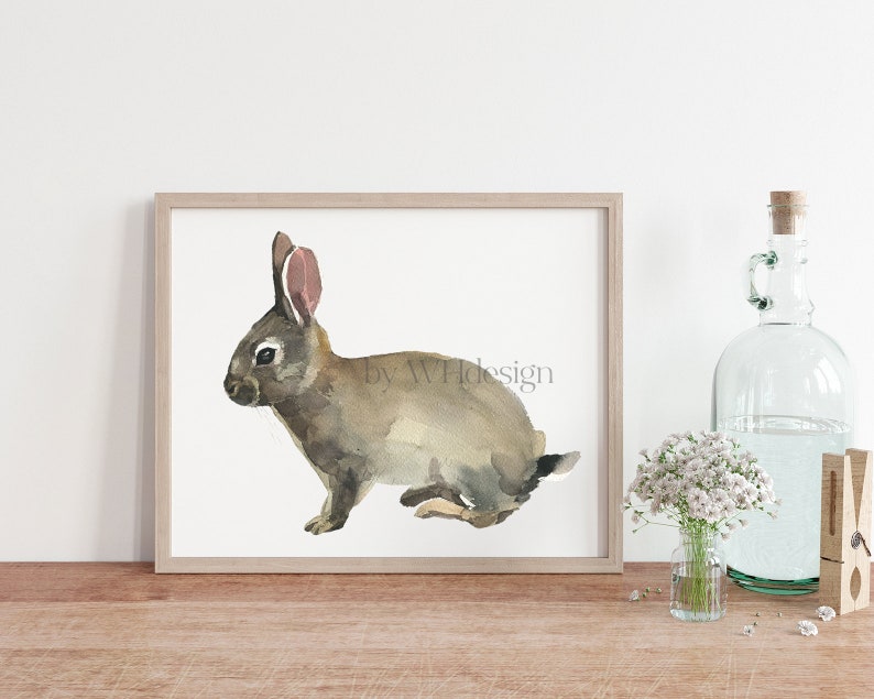 Grey Rabbit Bunny Hare Baby Original Watercolor Painting White Background Nursery Art Spring Easter Gift Wall Decor Children Room Artwork