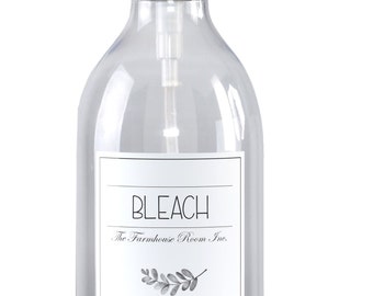 May include: Clear plastic bottle with a black pump dispenser and a white label that reads "BLEACH The Farmhouse Room Inc."  The label also includes the text "Premium Quality" and "Net Wt 64 oz".