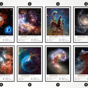 May include: A set of eight space-themed posters featuring colorful nebulae and galaxies. The posters are titled with the names of the celestial objects, such as "Tapestry of Blazing Starbirth", "Westerlund 2", "Pillars of Creation", "Pinwheel Galaxy", "Extreme Star Cluster Bursts into Life", "The Bubble Nebula", "Antennae Galaxies", and "Horsehead Nebula".