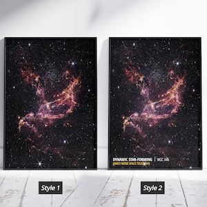 Peut inclure: Deux impressions encadrées d'une nébuleuse colorée dans l'espace, avec le texte "DYNAMIC STAR-FORMING | NGC 346 | JAMES WEBB SPACE TELESCOPE" sur l'impression de droite.