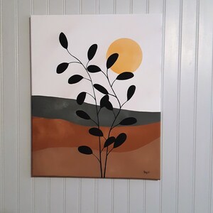 Dark Green Leaf Stem #1 Minimalist Original 16&quot; x 20&quot; Painting, Boho Art, Minimalist Art, Painting, Dining Room Decor Art, Bedroom, Office