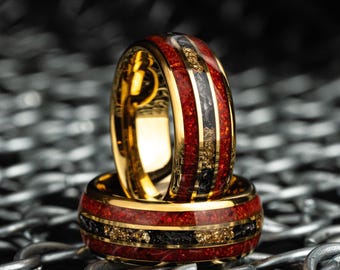 Gold 18K Mens Wedding Band with Red Opal, Men&#39;s Ring, 18K Gold Ring, Unique Men&#39;s Jewelry, Gift For Him, Wedding RIng