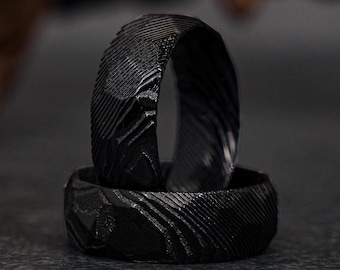 Hammered Black Damascus Wedding Band: Handmade Mens Ring