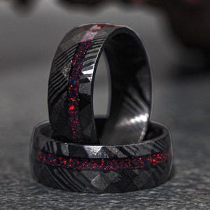 Men's Damascus Steel Ring: Red Opal Inlay Wedding Band