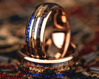 Anillo de tungsteno de oro de 18 quilates, anillo de ópalo morado, alianza de boda de meteorito para hombre, alianza única, regalo de aniversario, regalo de San Valentín para él